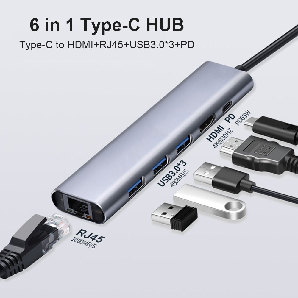 Convertidor de expansión de teléfono inteligente para Notebook, estación de acoplamiento 6 en 1, USB tipo C a 4K, HDMI, compatible con RJ45, 100M, LAN, Ethernet Hub