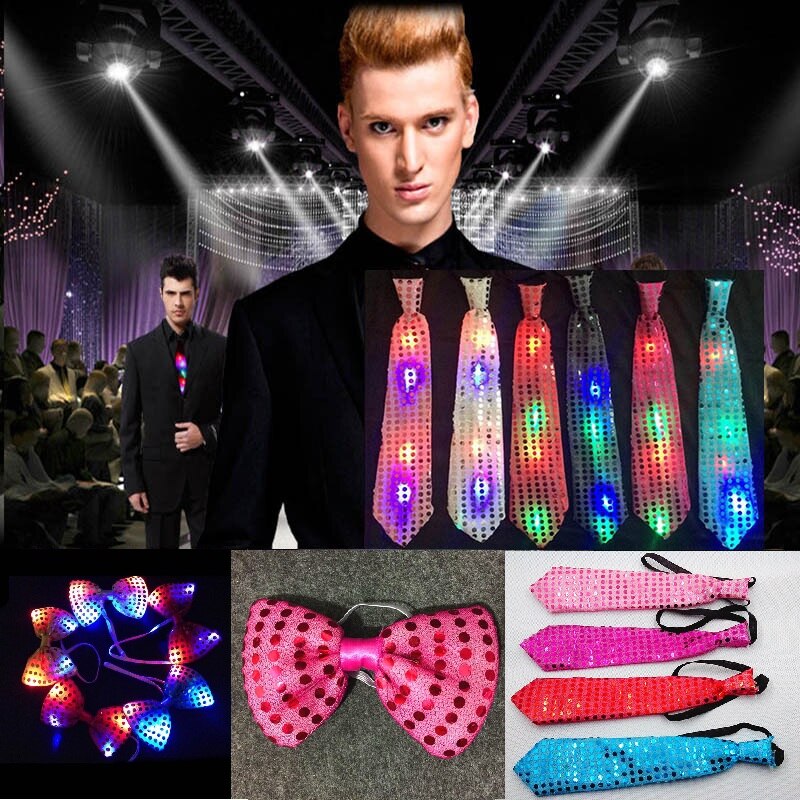 Mens Ties Boys Bowtie LED Flashing Light Up Sequin Necktie Christmas Party Club Bar Women Bow Tie Wedding