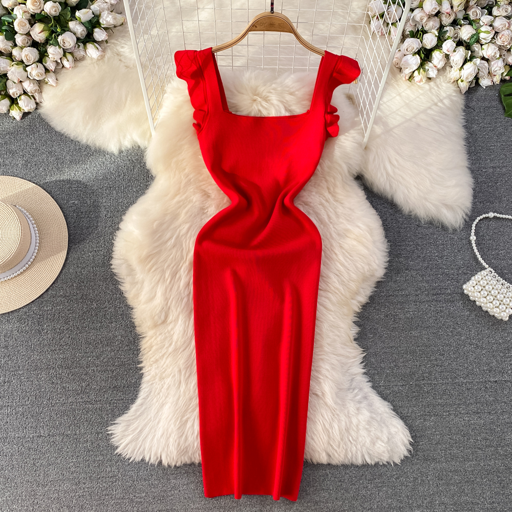 REALEFT Summer Women's Knitted Strapless Dresses Knitwear Sheath Bodycon Wrap Red Sexy Dress Female: Red