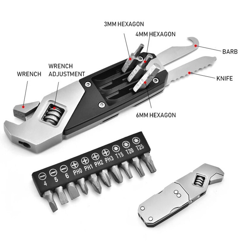 Mini Wrench Multi-Function Adjustable Wrench Portable Screwdriver 13 Bits Cutter Stainless Steel Outdoor Home DIY Tools
