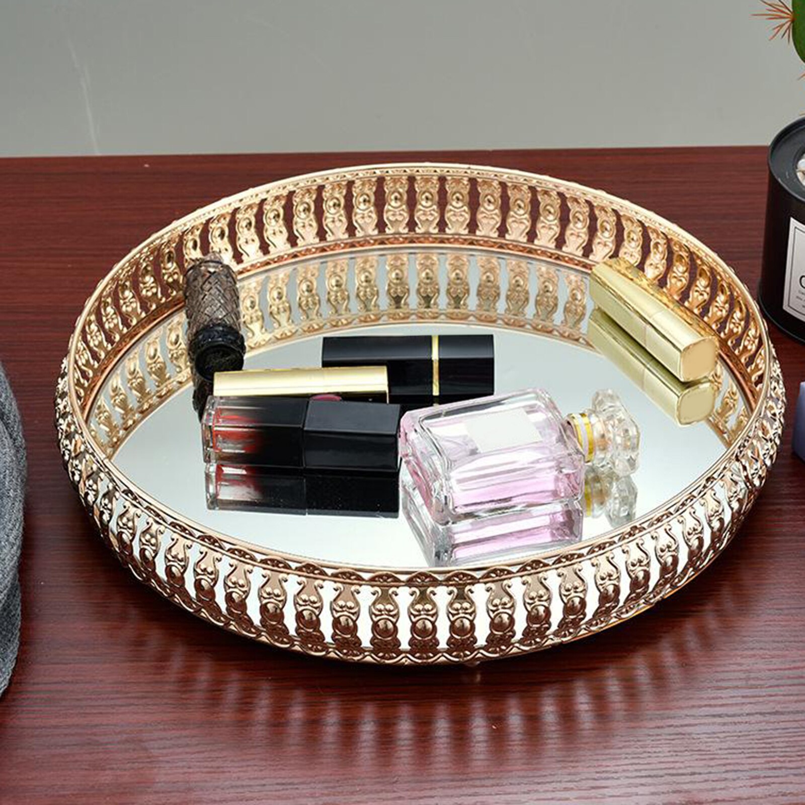 Gold Mirrored Crystal Vanity Makeup Tray Cosmetic Perfume Bottle Storage Tray