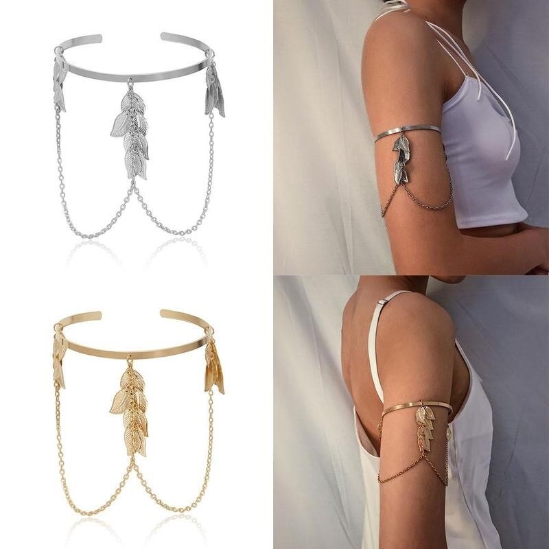 Böhmische Blatt Charme Oberen Arm Kette Armbinde Metall Blätter Quaste Anhänger Arm Manschette Armreif Armbänder für Frauen Schmuck