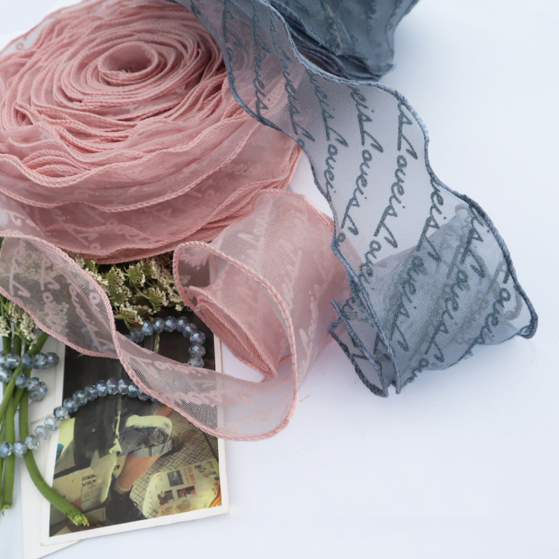 Cinta de Organza con estampado de letras flocadas, borde ondulado para envolver artesanales, decoración del hogar y , 55mm, 5 yardas/lote