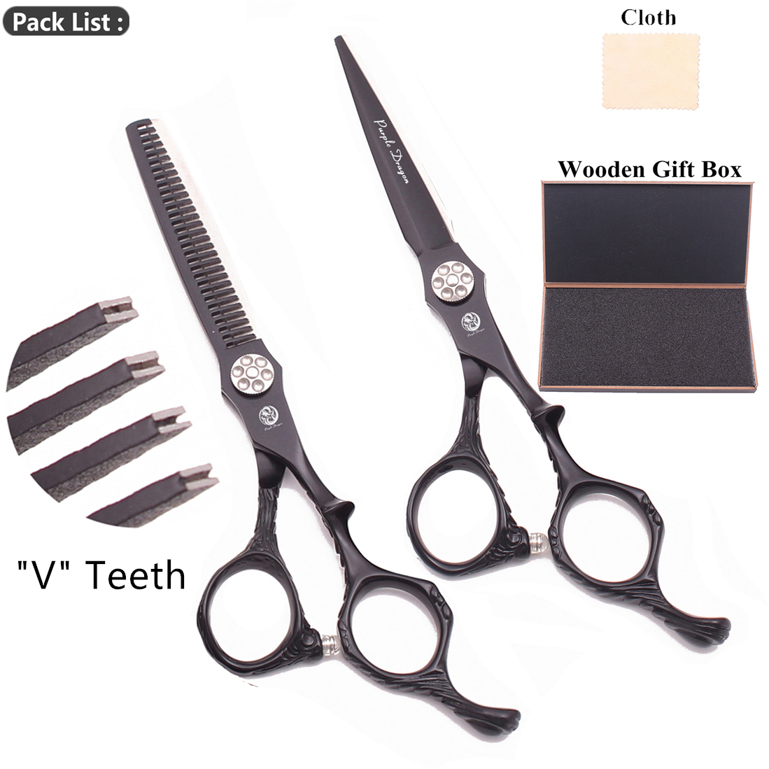 Purple Dragon 6.0" Japan 440C Barber Scissors Black Hair Cutting Scissors Thinning Shears Salon Haicut Salon Z9027: Set-V 6H