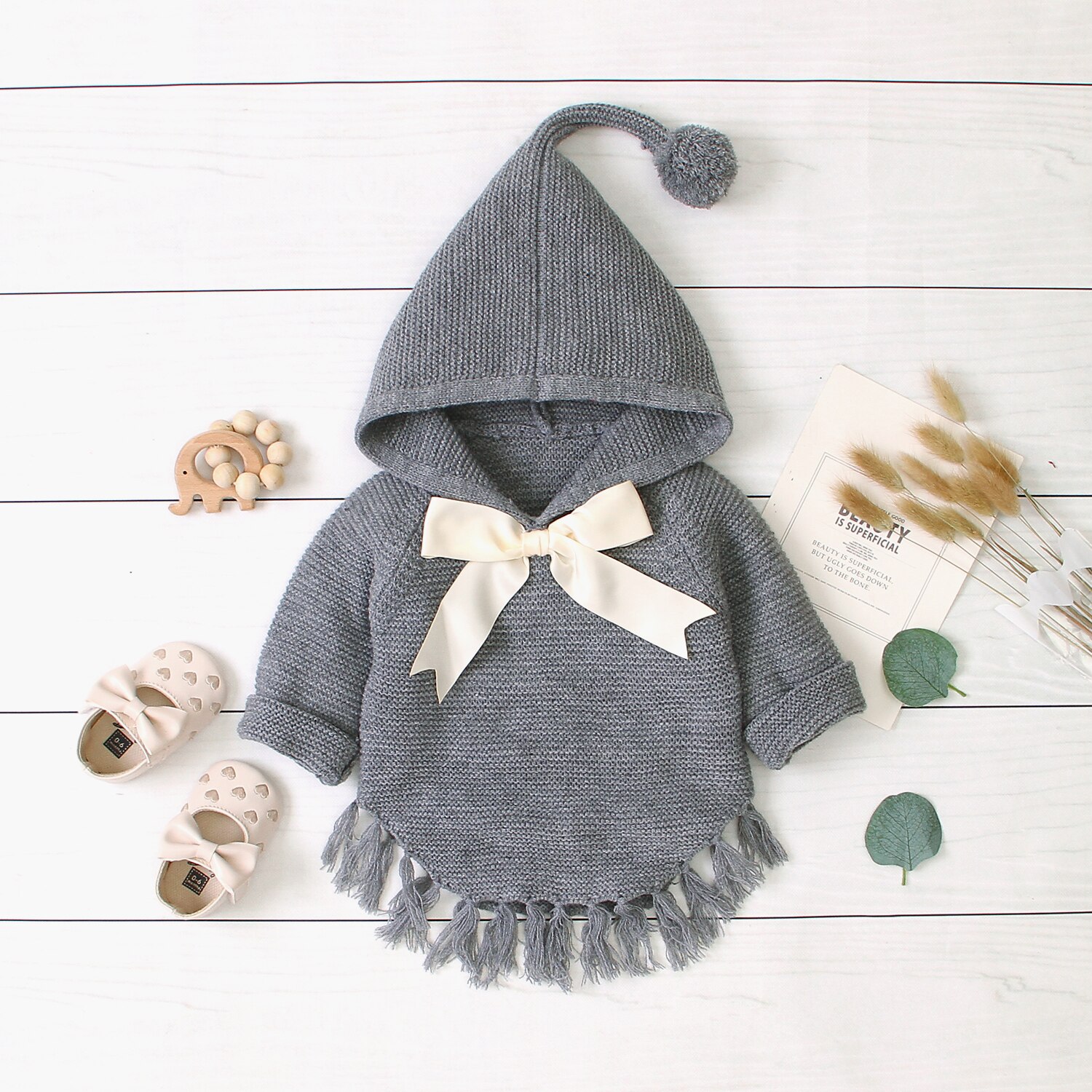 Herfst Winter Peuter Baby Meisjes Knit Tassel Jasje Uitloper Hooded Fall Herfst Mode Kleding: Grijs / 110