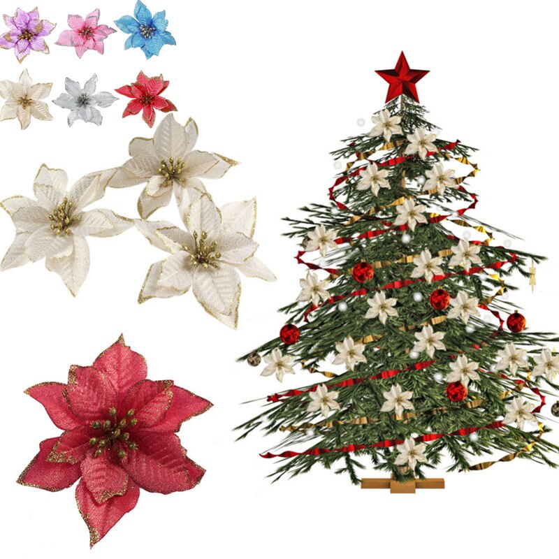 10Pcs Glitter Poinsettia Flower Christmas Decor Wreath Tree Decorations Xmas Party Wedding Flower Scrapbook Garlands Rattan