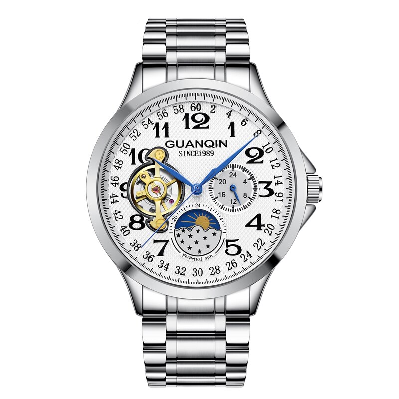 Guanqin Heren Horloges Top Brand Luxe Skeleton Lederen Sport Tourbillon Automatische Mechanische Horloges: S White