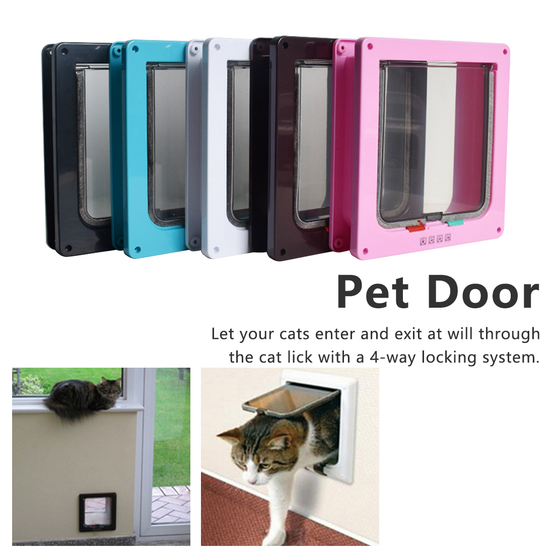 S/M/L Cat Flap Door with 4 Way Lock Security Flap Door for Dog Cat Kitten Small Pet Gate Door Kit Cat Puppy Safety Gate 5 Colors
