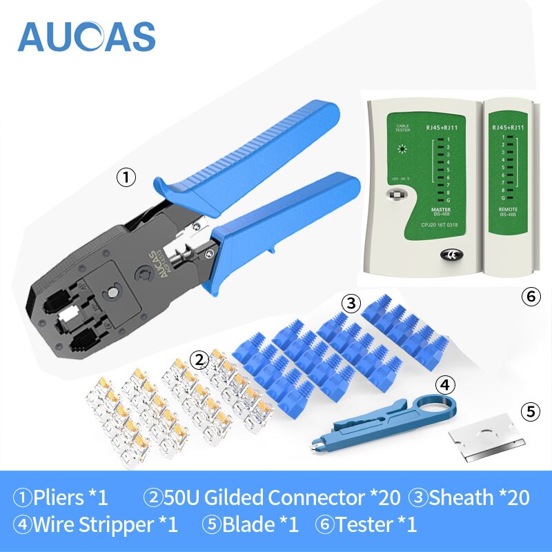 Aucas Rj45 Crimper Tool Krimpen Kabel Networking Draad Ratchet Tang Lan Kit RJ12 Gereedschap Punch Mikrotik Krimptang Apparatuur: Set 7