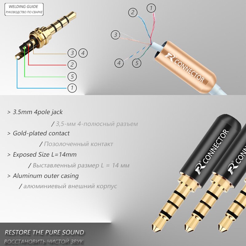 10pcs/lot Aluminum Tube 3.5mm 4 Poles Stereo Connector with Tails Gold Plated Male Plug Audio Jack 3.5mm R Connector