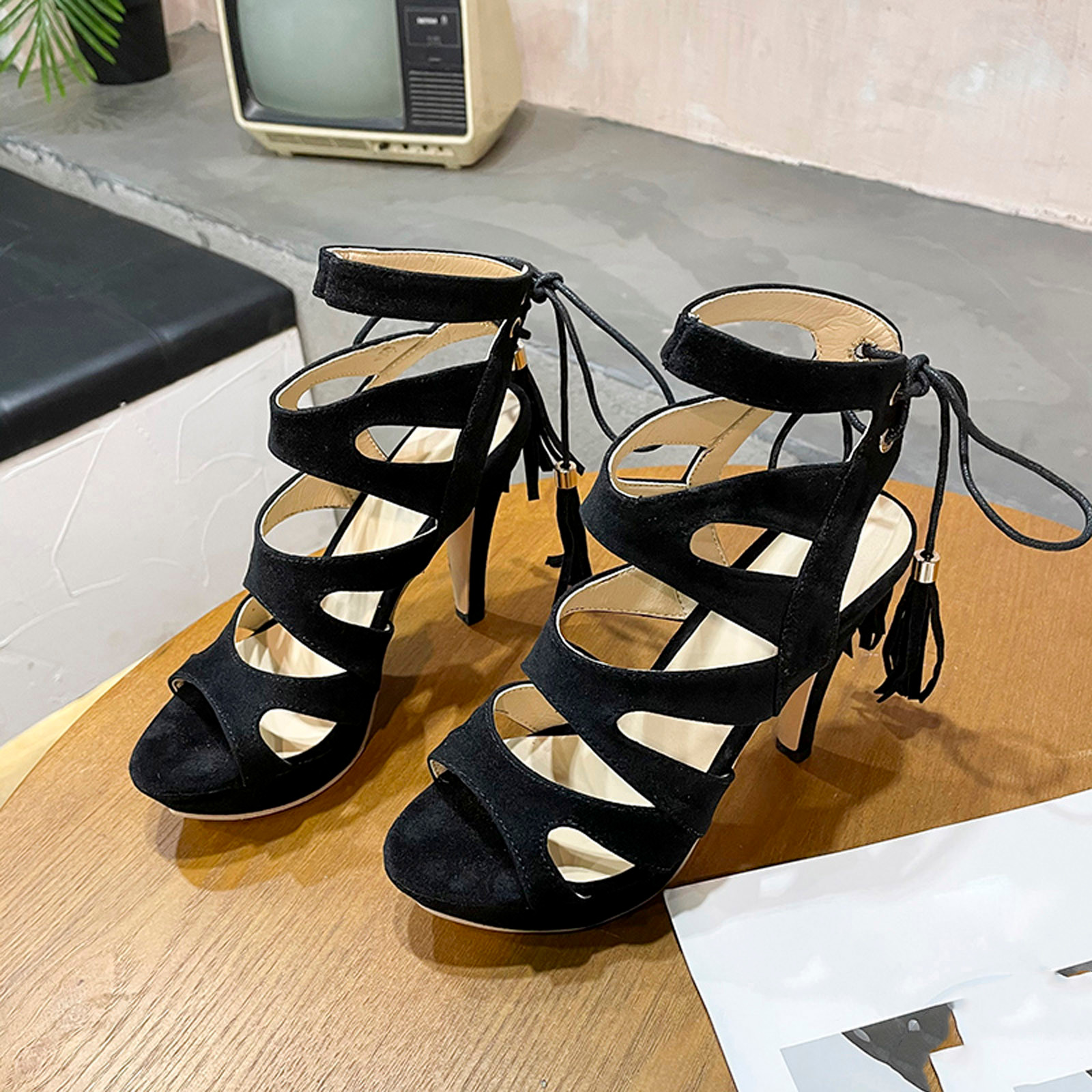 Zapatos De tacón alto para Mujer, Sandalias romanas con borla hueca, empalme minimalista, Color sólido, a la ,