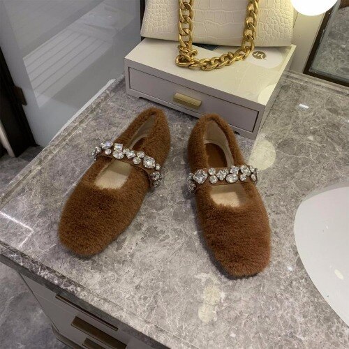 Loafers Bont Casual Vrouw Schoen Ondiepe Mond Ronde Neus Kristal Modis Vrouwelijke Schoeisel Herfst Slip-On Winter Strass Dr