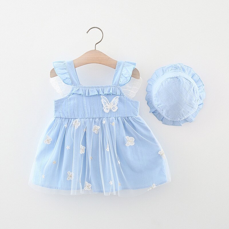 2 pezzi vestiti estivi per bambini 2022 moda coreana maglia senza maniche bambino abito da principessa Sunhat Set di abbigliamento per bambine BC2184: Blu / 8(6-12M)