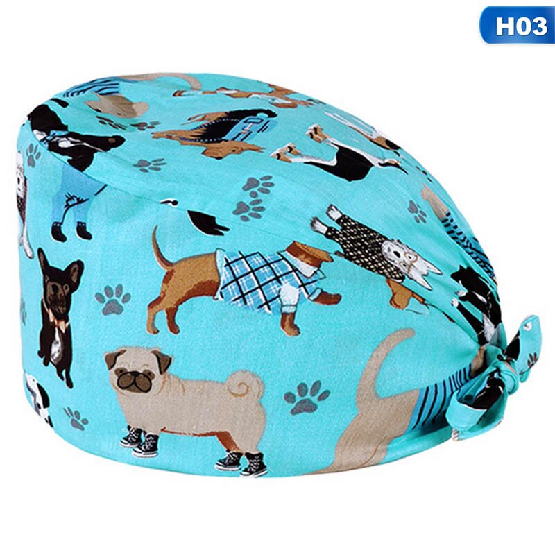Kvinder print bomuld bandage justerbar sygeplejerske kasket med svedbånd bouffant hat mænd gorros quirofano mujer sygeplejerske uniform tilbehør: H03