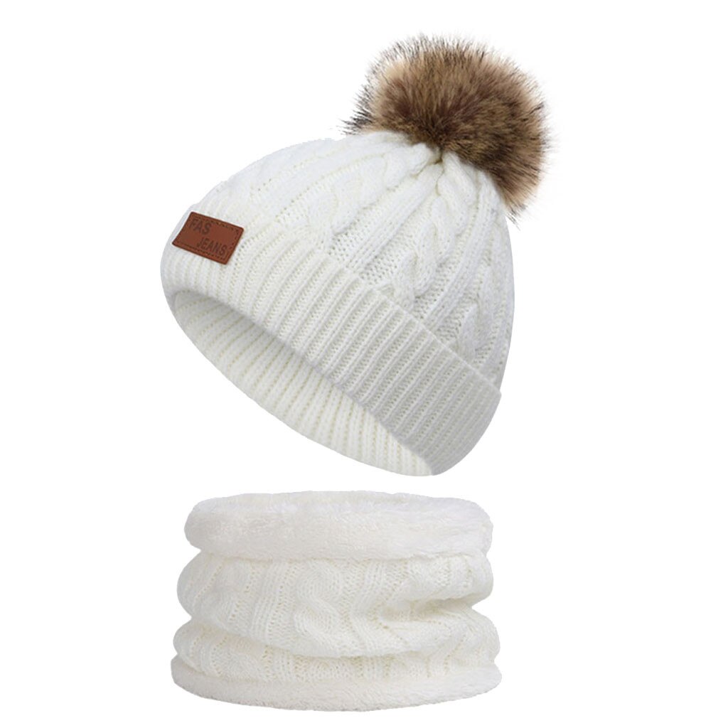 Baby Caps Pompom Hat Crochet Boy Winter Hat Toddler Girl Cap children Winter Warm Beanie Cap with Circle Loop Scarf Set#G30: White