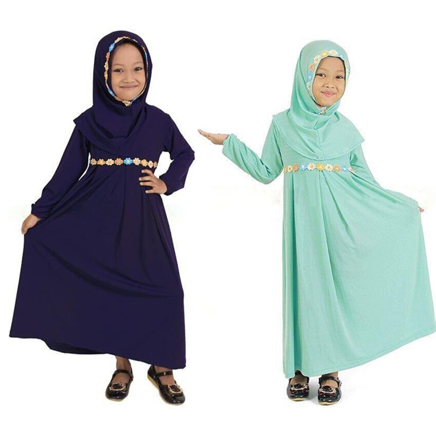 Kinder abaya meisjesjurk moslim abaya kaftan dubai groene jurk met lange mouwen + hijab gewaad arabische islamitische kleding meisjes gewaden 1-5 jaar