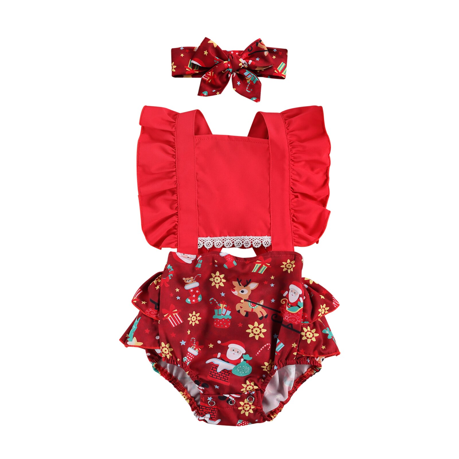 Focusnorm 0-18M Kerst Baby Meisjes Jongens Bodysuits Hoofdband 2 Stuks Ruches Korte Mouw Cartoon Print Jumpsuits