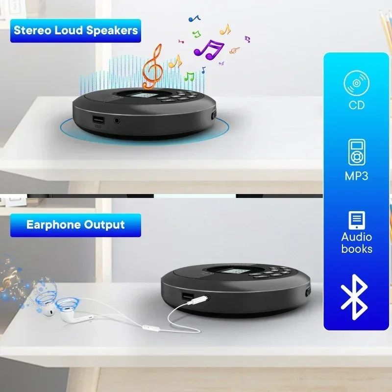 Bluetooth-CD-Player, tragbar, wiederaufladbar, Discman mit Lautsprechern und Kopfhörern, Walkman MP3-Player mit USB-Bluetooth-Übertragung