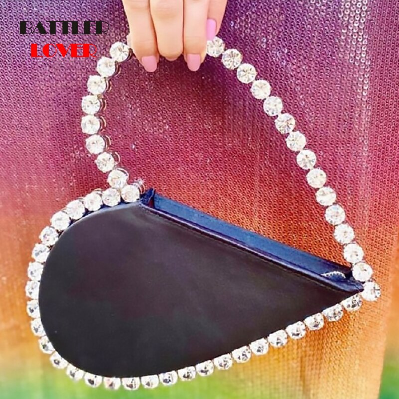 Diamond Red Heart Evening Clutch Bags Metal Handle Circle Purse Chic Rhinestone for Women Wedding Party Flaps