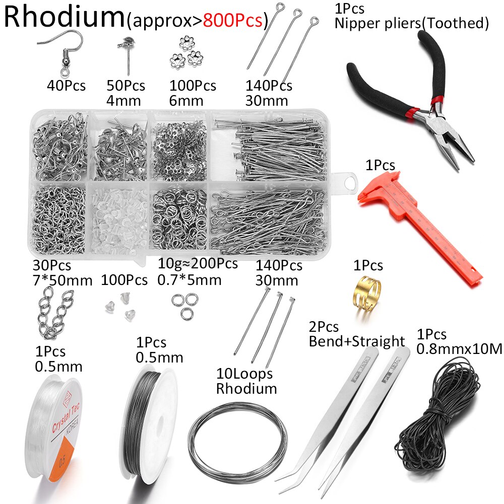 800 Stks/partij Sieraden Maken Kits Oorhaak Jump Ringen Oorbel Haak Gesp Pins Reparatie Tools Voor Diy Sieraden Maken Bevindingen set: rhodium