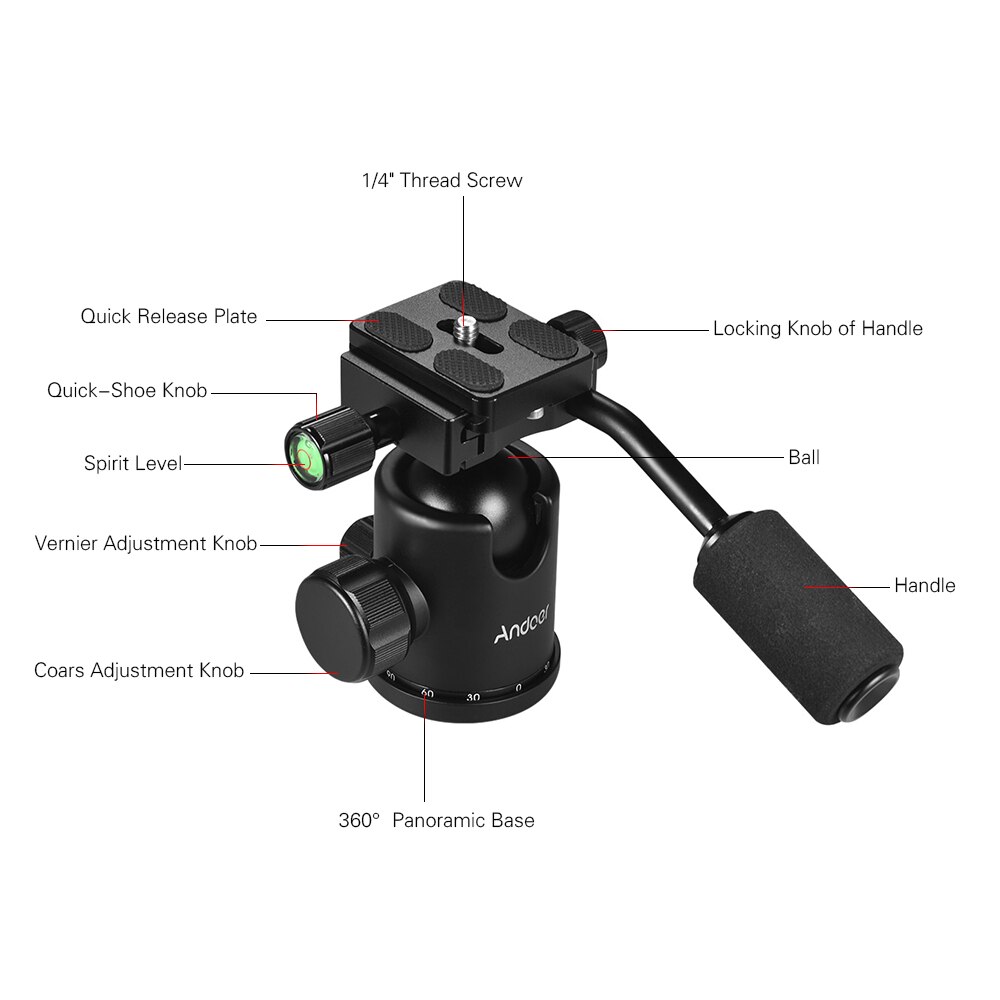 Andoer Handle Tripod Ball Head 360 Degree Rotating Panoramic Ballhead with 1/4inch Srew 3/8inch Screw Hole for DSLR Camera