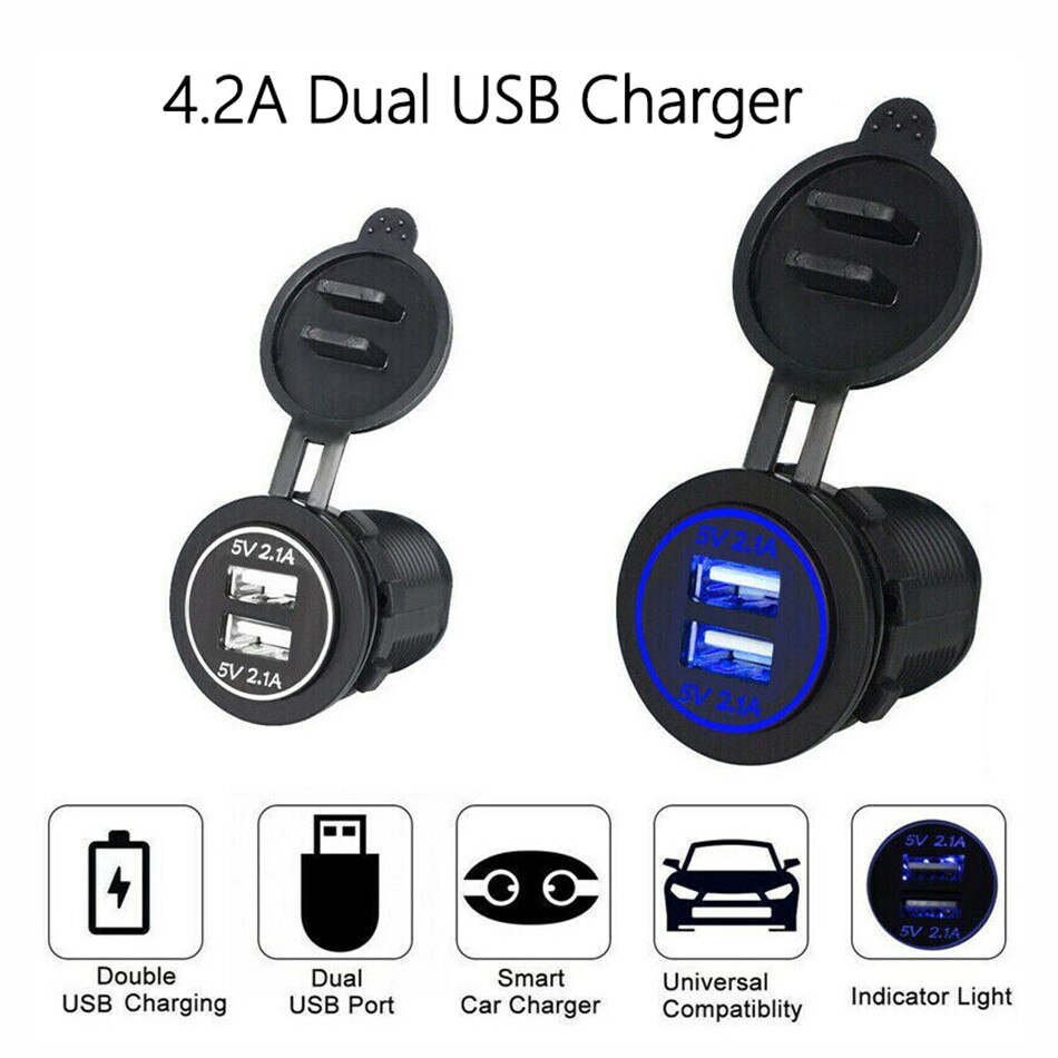 12v-24v led dubbele usb-aansluiting, autolader, dubbele usb-lader, afdekking voor motorfiets, auto, vrachtwagen, atv, bootadapter