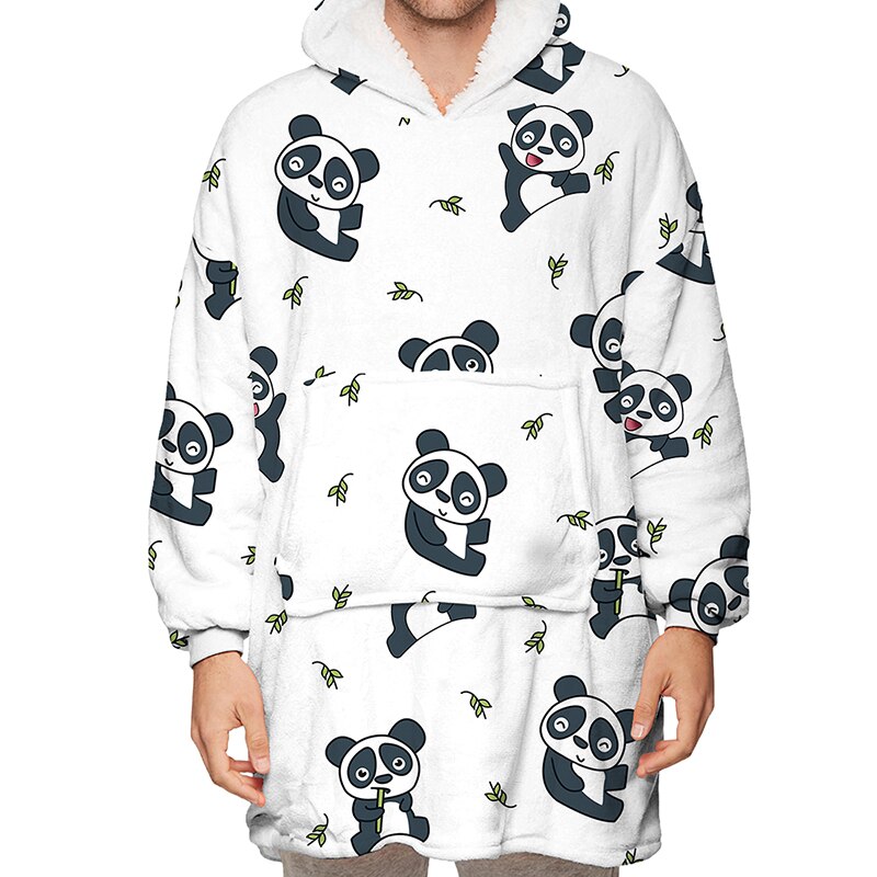 Fleece filtar huva med ärmar bärbar sherpa filtar överdimensionerad tröja vinter varm huva filt tecknad mjuka rockar: Panda
