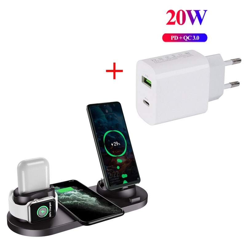 Station de charge sans fil rapide 3 en 1, pour Apple Watch 10W 6 en 1, AirPods pro iPhone 12 11, Station d&#39;accueil: Black with Charger