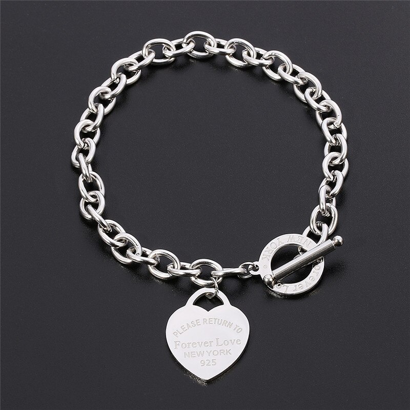 Stainless Steel Love Heart Bracelets For Women Party Jewelry Joyas de Chain Charm Bracelets Homme: Silver Plated