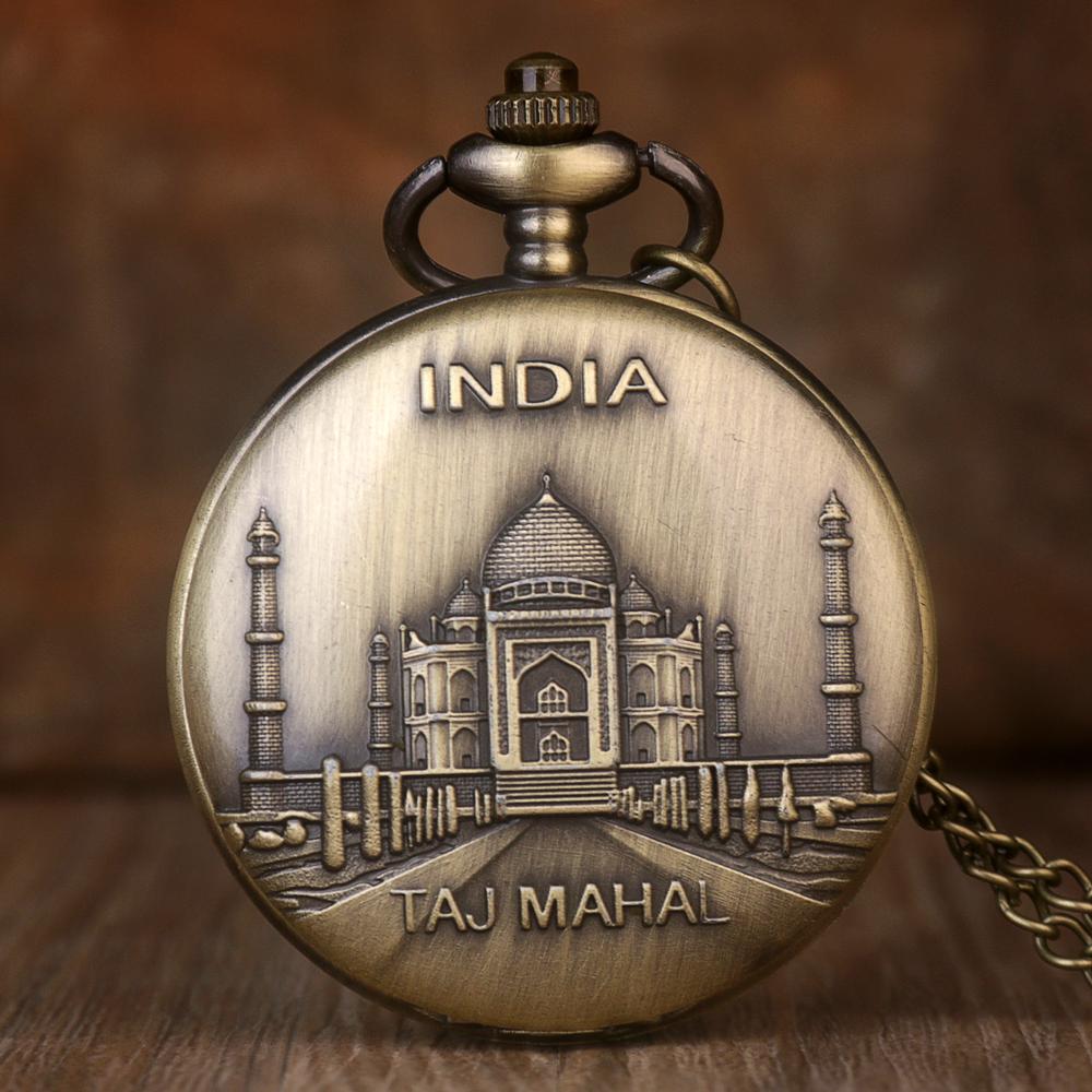 Vintage Wereldberoemde India Taj Mahal Quartz Fob Zakhorloge Precieze Wijzerplaat Kasteel Legering Ketting Pocket Watches Met Ketting