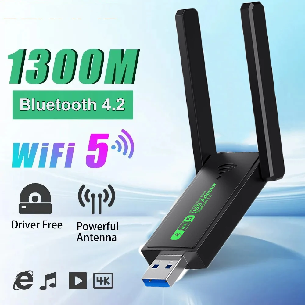 2 in 1 USB 3.0 WiFi Bluetooth Wireless Adapter, 1300Mbps Dual Band 2.4/5Ghz Wireless Network card Receiver AC1300 WiFi 5 Dongle: Default Title