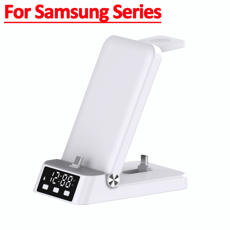 Support de chargeur sans fil pliable 4 en 1, horloge, alarme, pour iPhone 14 13 12 11, Samsung Galaxy Apple Watch 8/7/6, Station de charge rapide: Violet