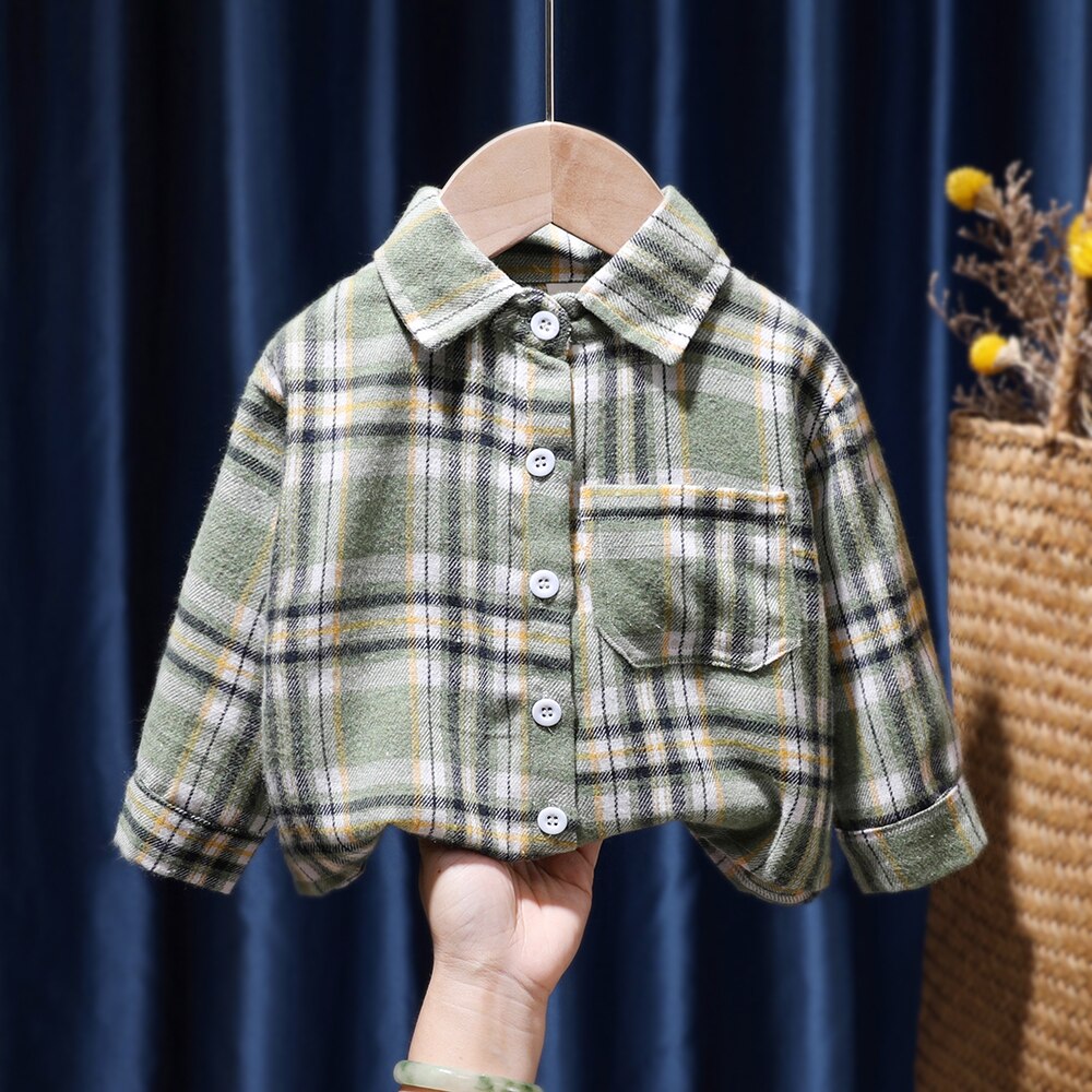 Camisas a cuadros para niñas, ropa cálida de algodón para niños, blusa informal clásica de manga larga con botones, color rosa y verde