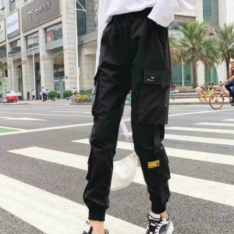 Women Streetwear Cargo Pants Black Ankle Length Elastic Waist Joggers Female Loose Trousers Casual Haren Running Pants