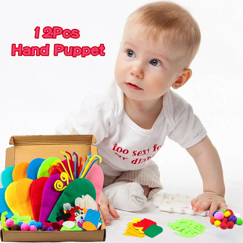 12Pcs DIY Hand Puppets Art Craft Education Materials Kit for Kids Role Play Felt Crafts Set Glove Show Handmade