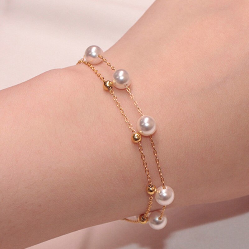 Koreaanse Elegante Imitatie Parel Charm Armbanden Voor Vrouwen Goud Kleur Dubbele Gelaagde Ketting Eenvoudige Armband Femme Sieraden