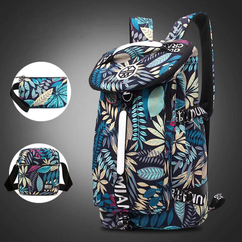 YOUMIAN Large-capacity travel backpack female shoulder bag sports fitness canvas bag light hiking travel luggage: Blue leaves Set