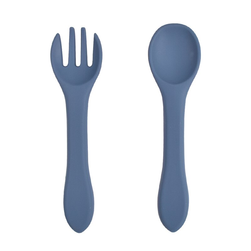 2 Pcs/Set Silicone Baby Learning Spoon Fork Set BPA Free Baby Silicone Tableware Non-Slip Kids Safety Utensils Baby Stuff: 10