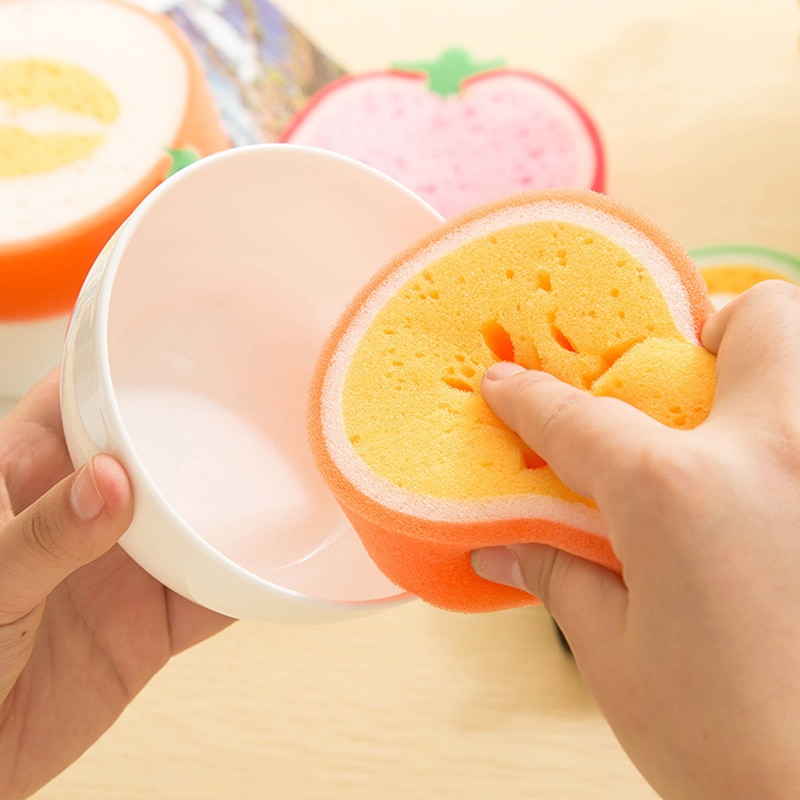 2Pcs Fruit Shape Cleaning Sponges Strawberry Hami Melon Sweet Orange Sponge Dishcloth Thickened Fruit Shape Sponge Dishcloth