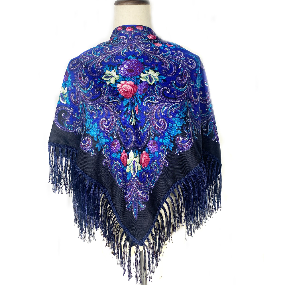 Bufanda rusa de 115x115cm para mujer, Bandana cuadrada con estampado Floral de lujo, chal con flecos ucranianos, pañuelo Babushka, envolturas para la cabeza: Azul