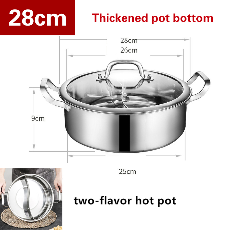 Thickened 304 stainless steel two flavors hotpot special pot for induction cooker pots for cooking soup dumpling noodles pot: 28cm Thick bottom