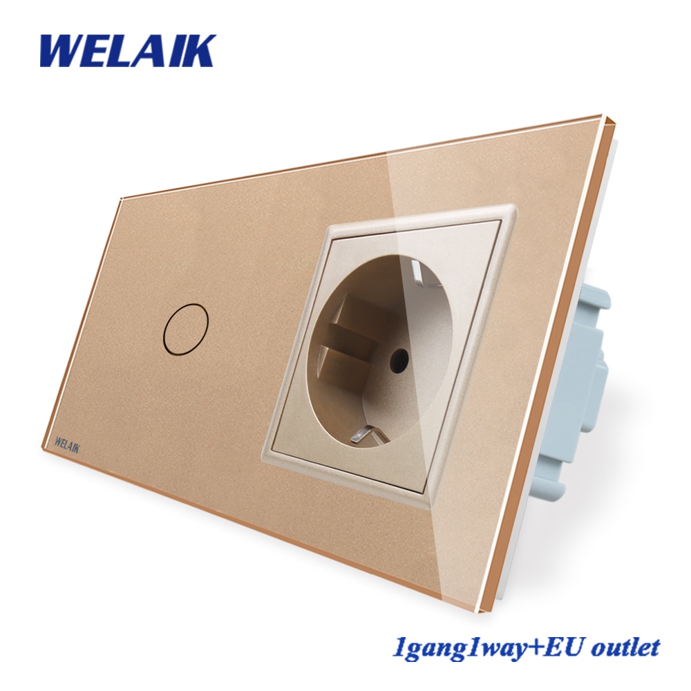 WELAIK 2Frame-Crystal Glass-Panel Wall-Switch EU Touch-Switch-Screen EU Wall-Socket 1gang-1way AC250V A29118ECW/B