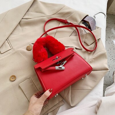 Faux Bont Handvat Kleine Pu Lederen Crossbody Tassen Voor Vrouwen Winter Trending Schouder Handtassen Vrouwen Eenvoudige Handtas: Red