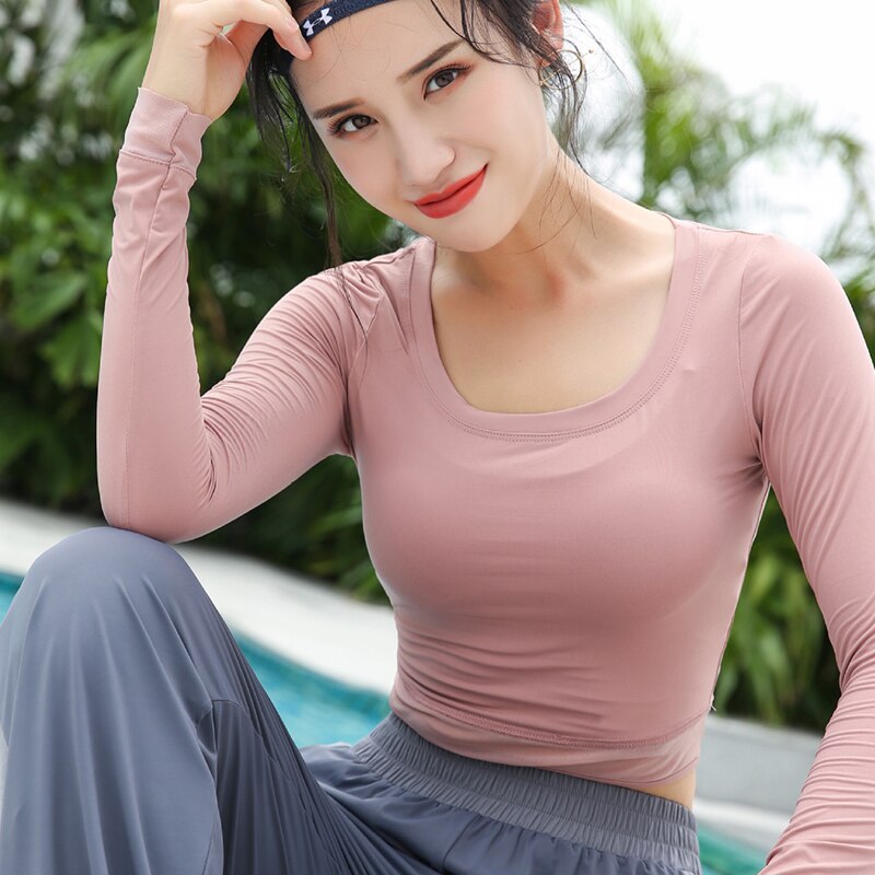 Zhangyunuo-camisetas de malla para gimnasio para mujer, ropa activa, camiseta sin mangas de Yoga, Top corto de entrenamiento transpirable para mujer, camisas de manga larga de ajuste seco para Fitness