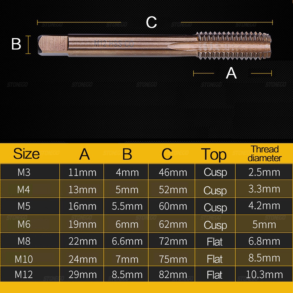 STONEGO HSS Co M35-E Machine Spiral Flute Taps Metric Screw Tap Right Hand Thread Plug Tap Drill, M3/M4/M5/M6/M8/M10/M12