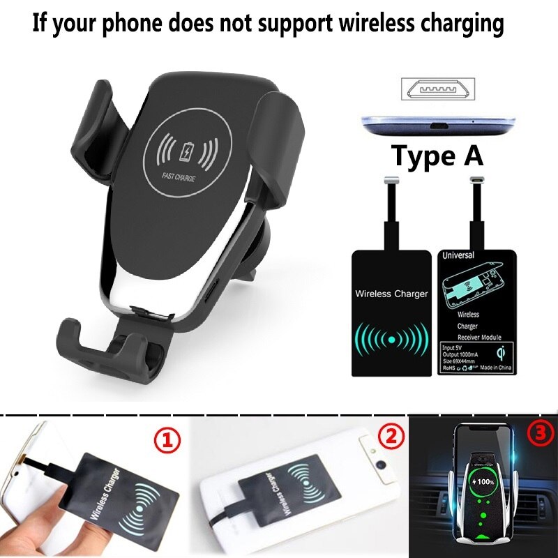 Cargador inalámbrico rápido Qi para coche, soporte inteligente de teléfono para coche, para iPhone XS Max XR X Samsung S10 S9: Black For Android A