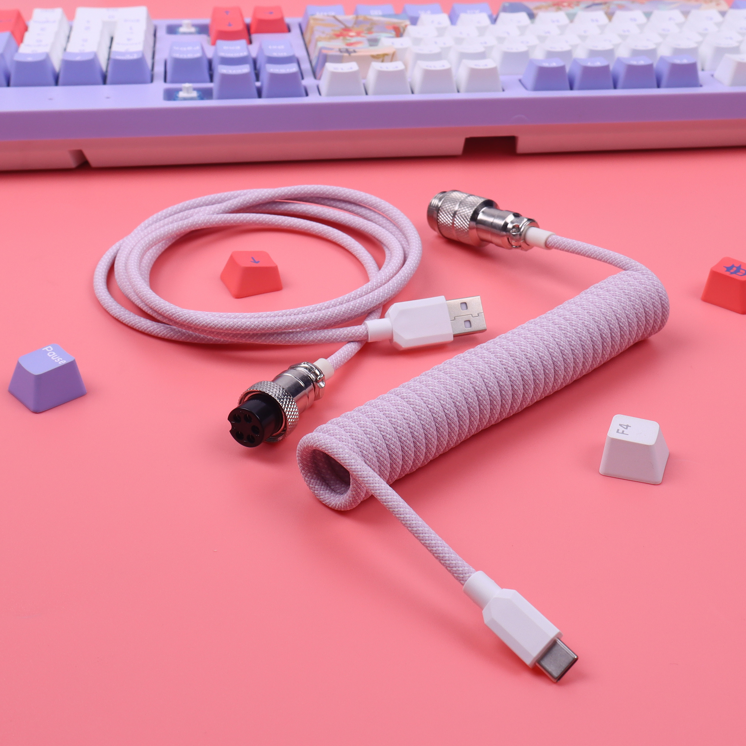 Lano 8 farvevalg macaron spiralkabel type-c til usb mekanisk tastatur data spiralkabel ledning med  gx16 luftfart