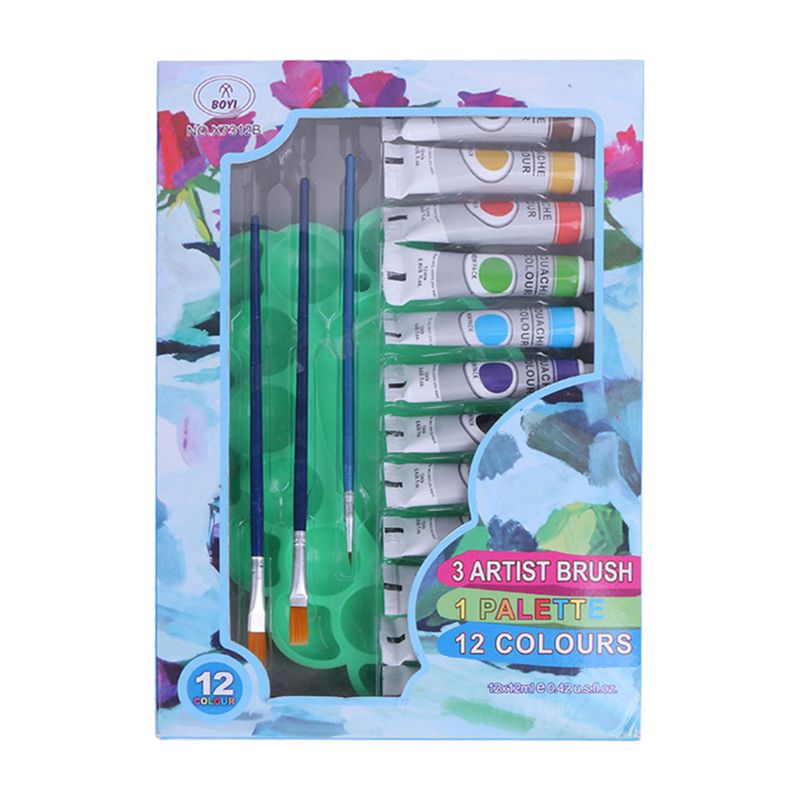 12ml 12 farver akrylmaling børste palet sæt håndmalet tegning maleri pigment kunstner diy: Gouache