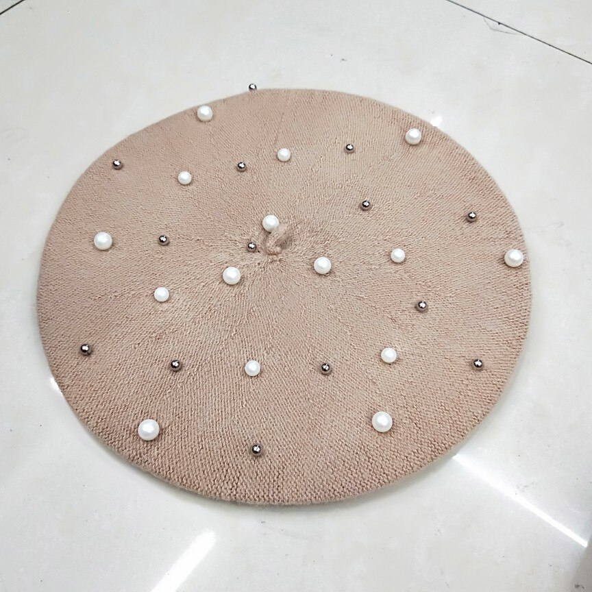 Boina francesa sólida invierno perla lana sombrero mujer dulce gorro esquí gorras amor para chica amiga: Caqui