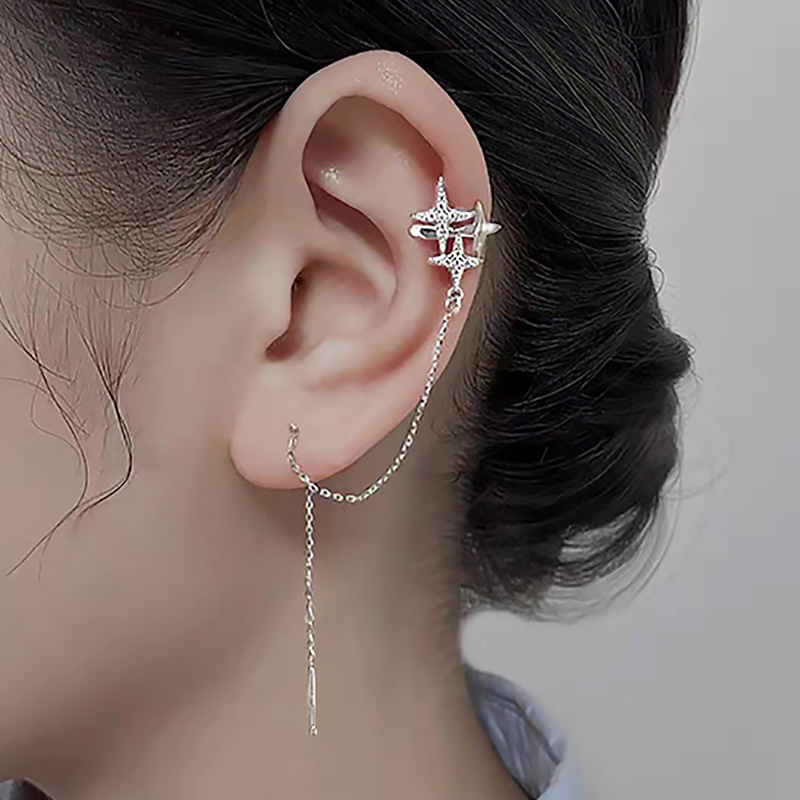 Pendiente de cadena de borla larga para mujer, Clip de oreja Y2k sin agujero, cartílago Orbital Kpop, manguito de oreja sin Piercing, joyería INS, 1PC
